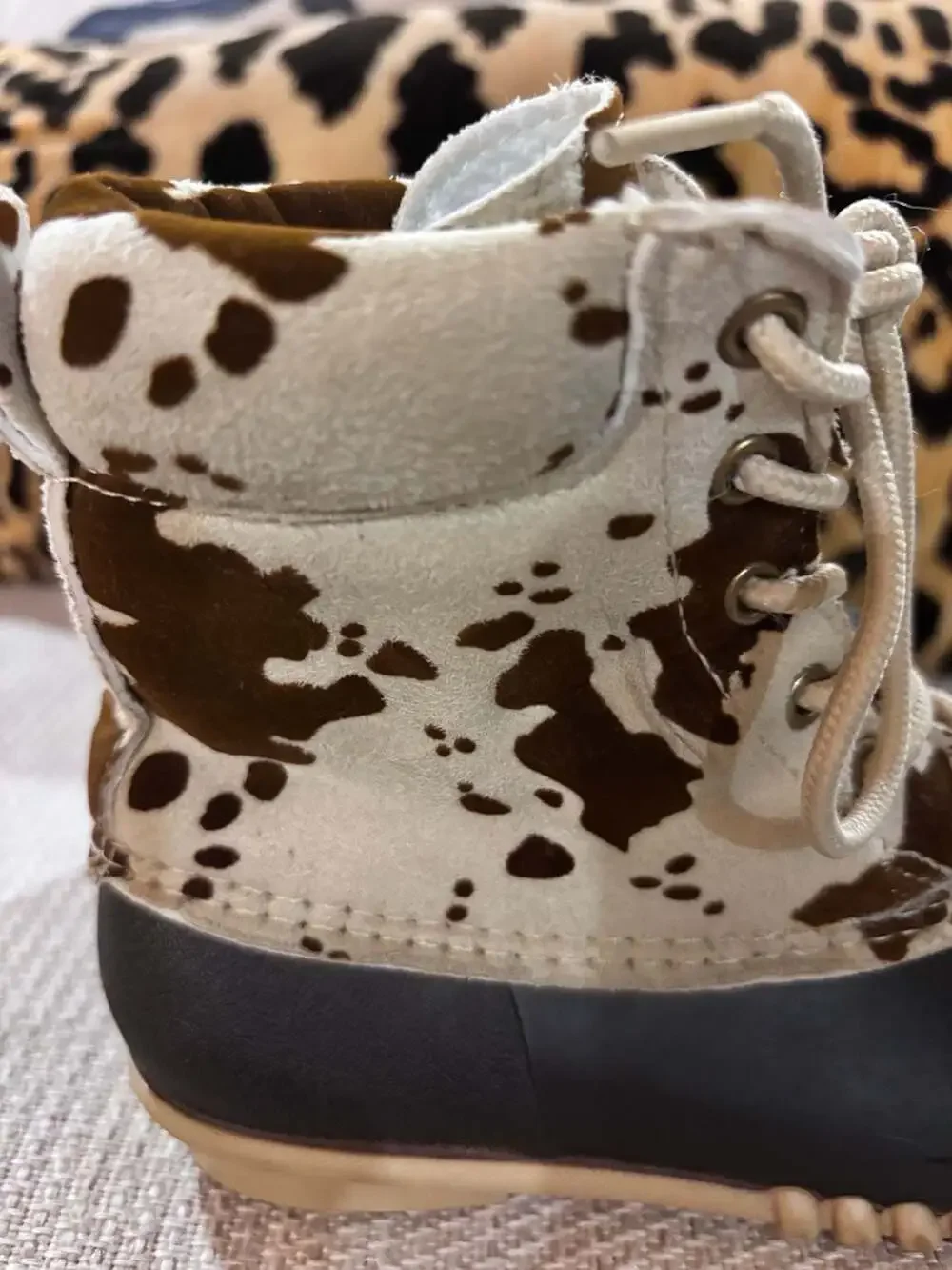 Outwoods Kids Size Cow Print Lace Up Rubber Duck Boots